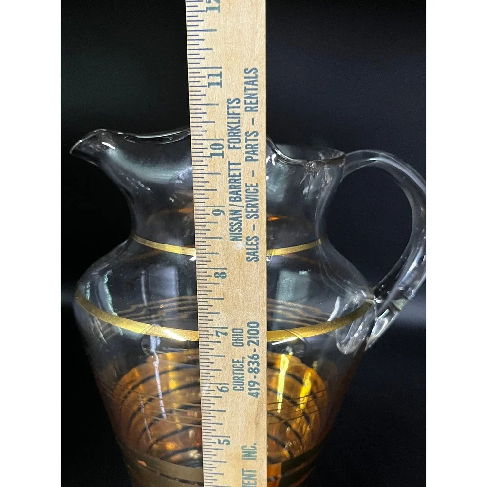 Vtg 1940s MCM Glass Ice Lip Pitcher‎ Gold Stripe Barware Drinkware 11